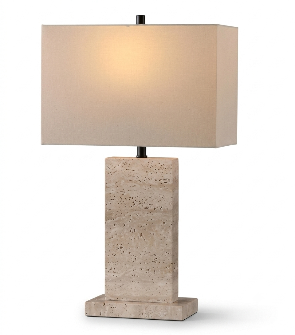 DL14005 Table Lamp, Artificial Travertine + Walnut Wood